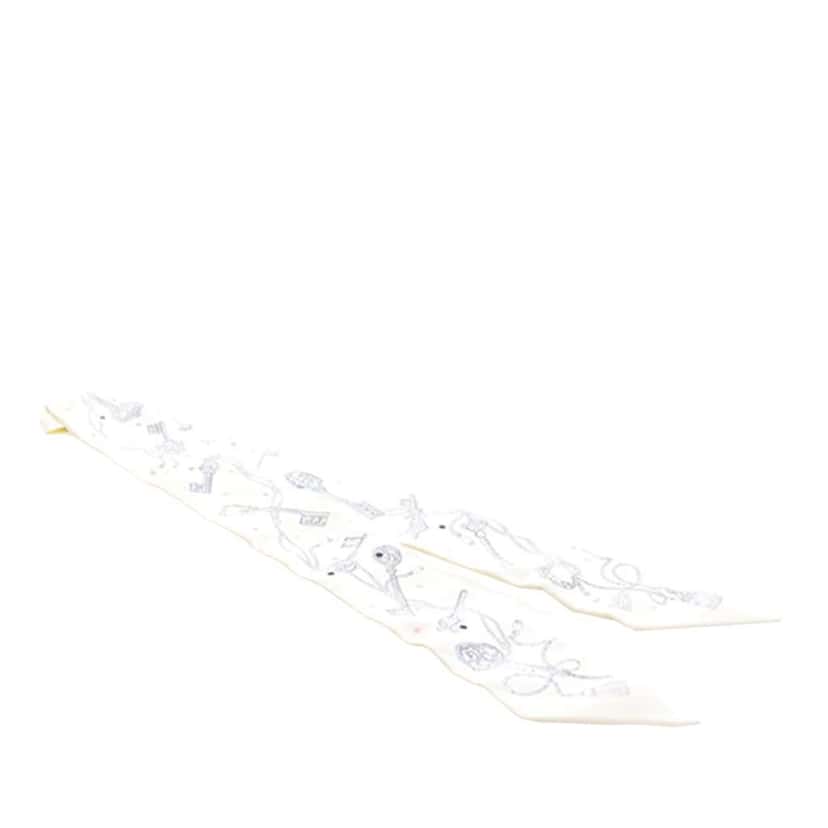 Hermès Les Cles a Pois Silk Twilly Scarf White Silk Very good condition - Front View