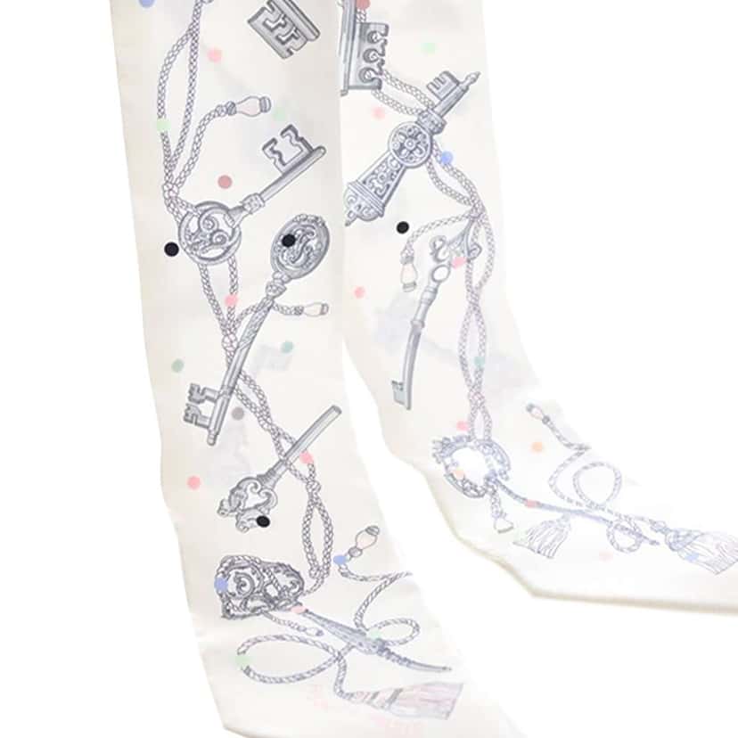 Hermès Les Cles a Pois Silk Twilly Scarf White Silk Very good condition - Box View