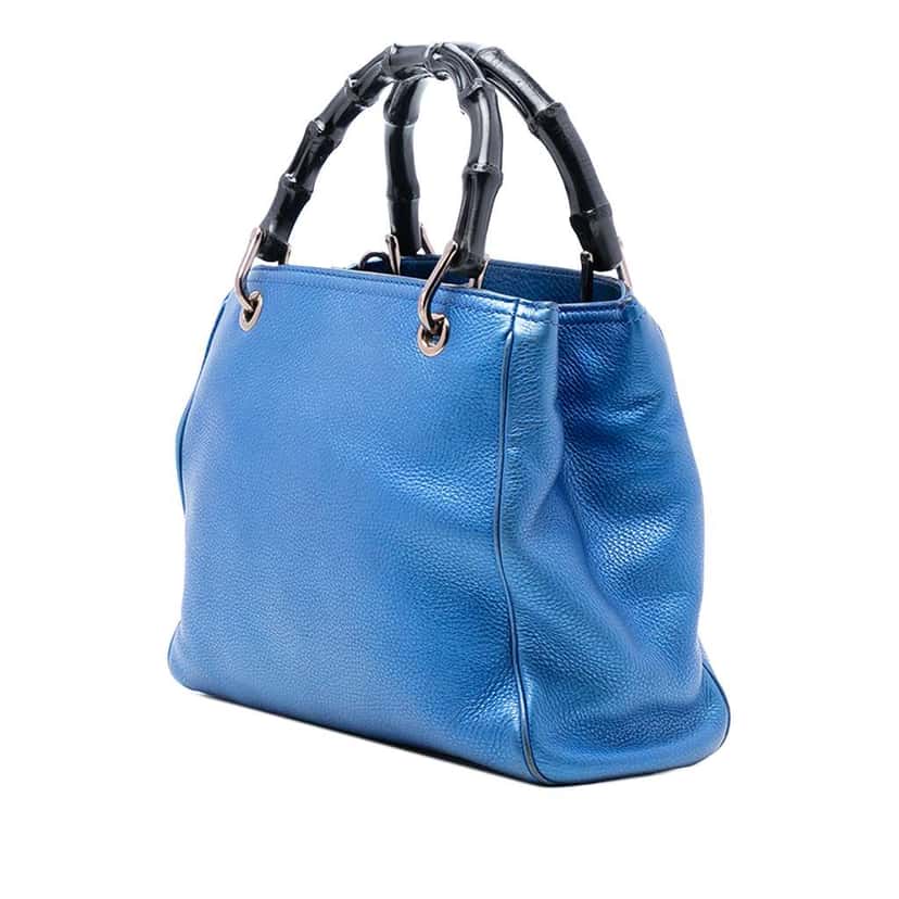 Gucci Small Metallic Calfskin Bamboo Shopper Satchel Blue Leather Very good condition - Back View