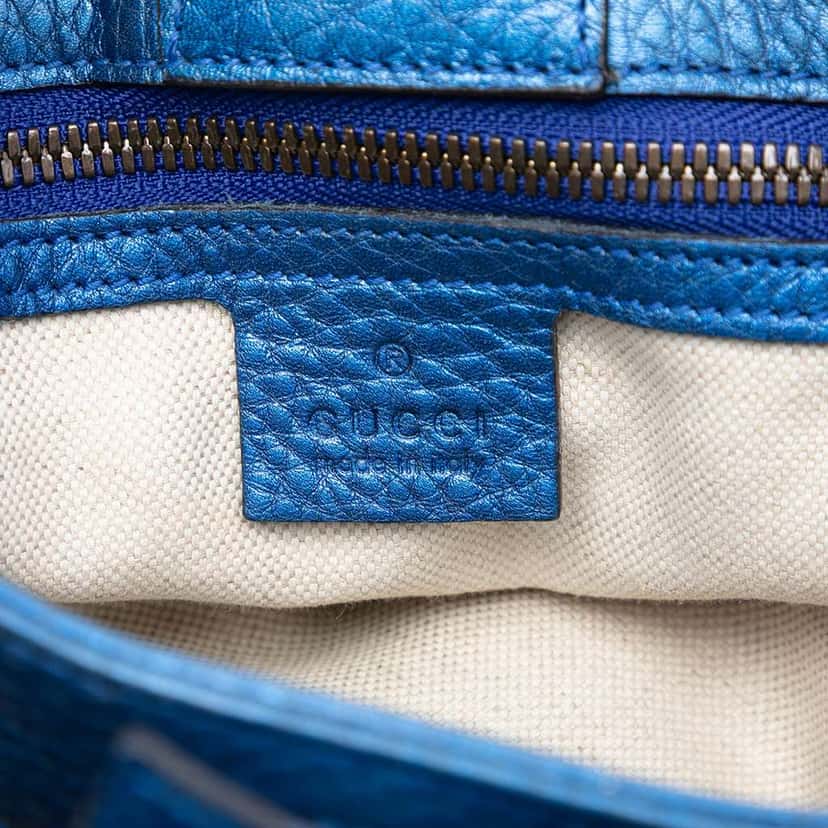 Gucci Small Metallic Calfskin Bamboo Shopper Satchel Blue Leather Very good condition - Box View