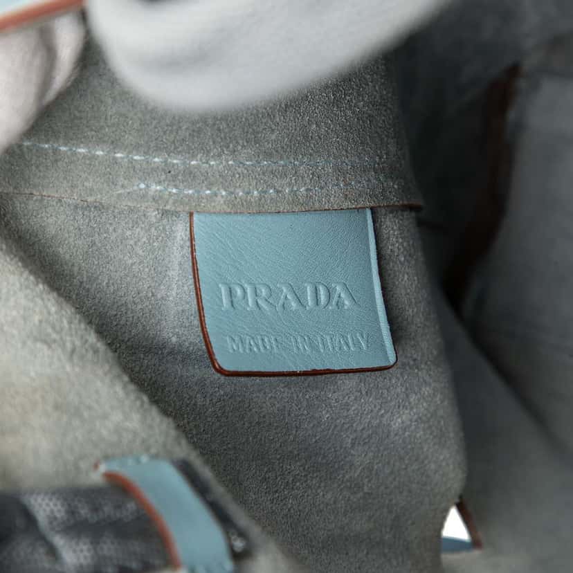 Prada Perforated Embellished Leather Tote Blue Leather Very good condition - Box View