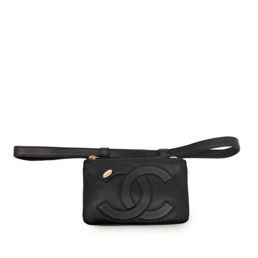 Chanel Lambskin Mania Double Zip Belt Bag Black Leather Very good condition - Front View