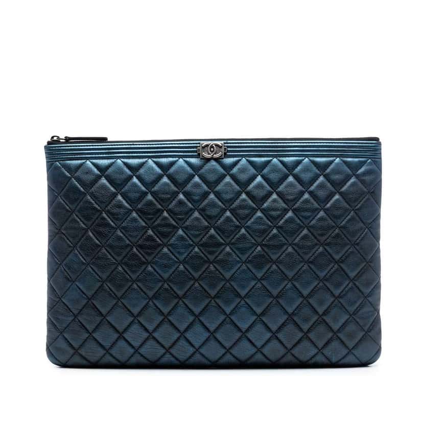 Chanel Large Quilted Metallic Lambskin Boy O Case Clutch Blue Leather Very good condition - Front View