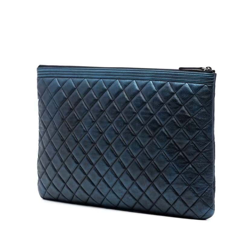 Chanel Large Quilted Metallic Lambskin Boy O Case Clutch Blue Leather Very good condition - Back View