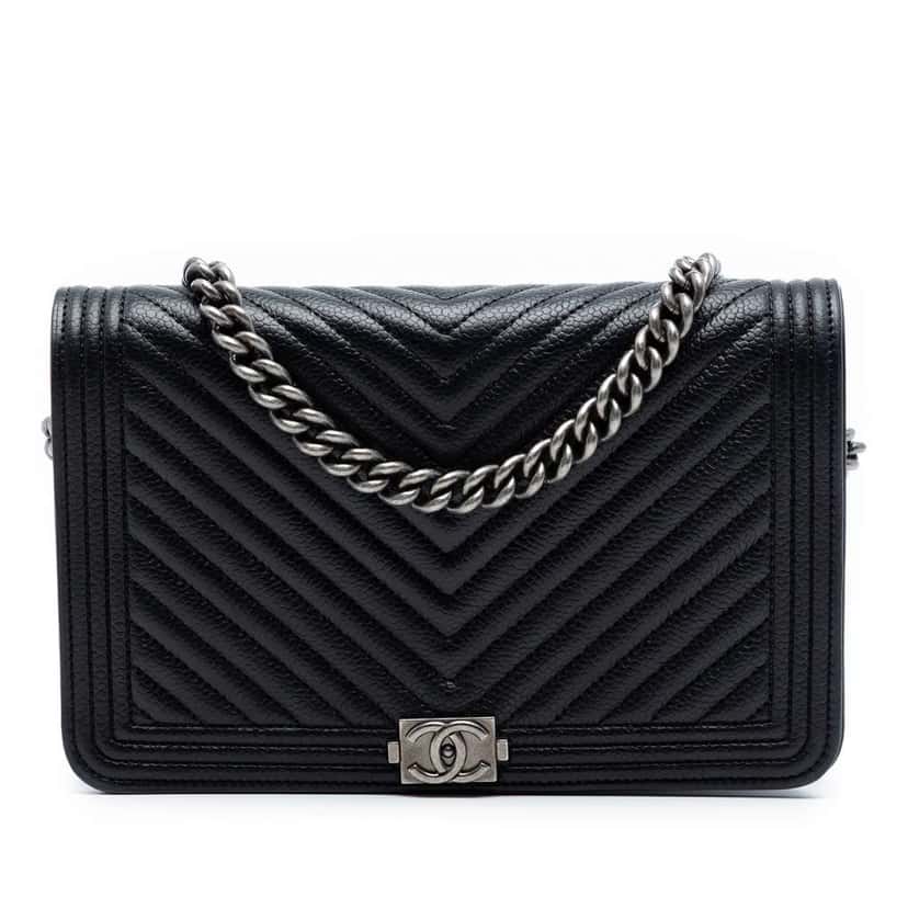Chanel Chevron Caviar Boy Wallet On Chain Black Leather Very good condition - Front View