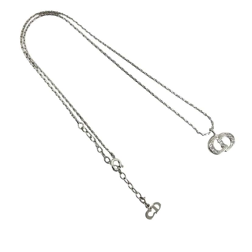 Dior Brass and Strass CD Logo Pendant Necklace Silver Brass Very good condition - Front View