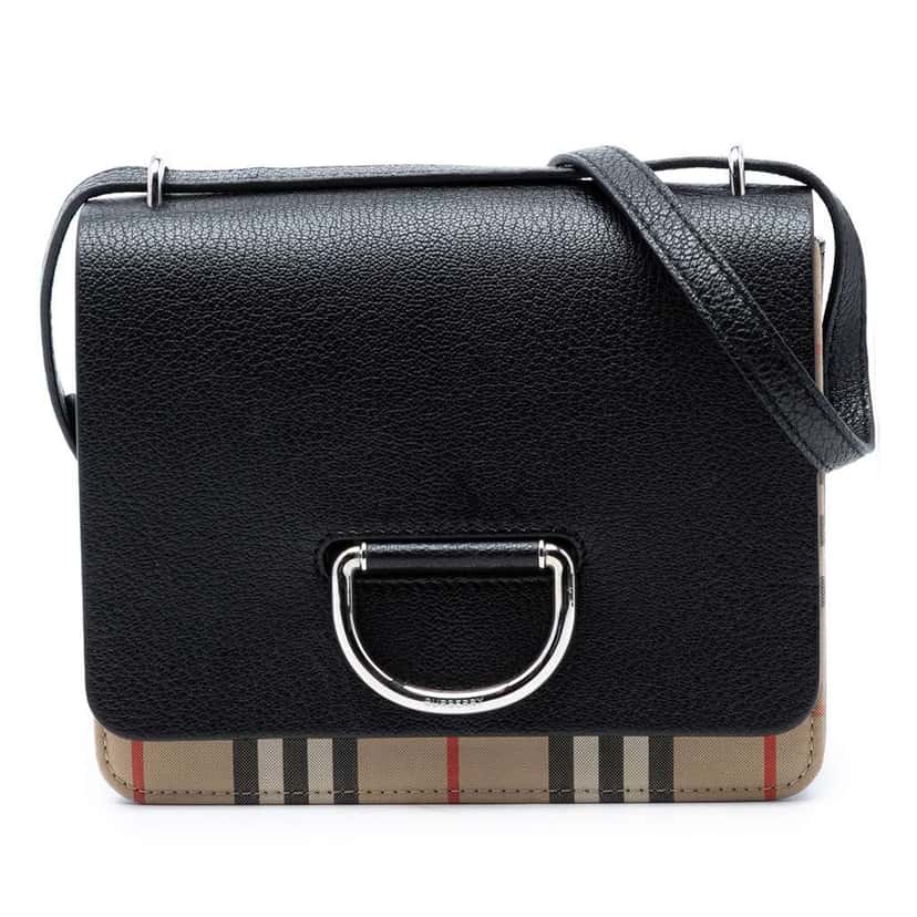 Burberry Small House Check Trimmed Goatskin D Ring Crossbody Black Leather Very good condition - Front View