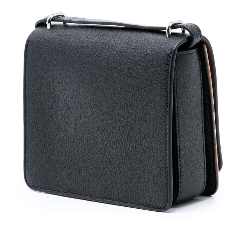 Burberry Small House Check Trimmed Goatskin D Ring Crossbody Black Leather Very good condition - Back View