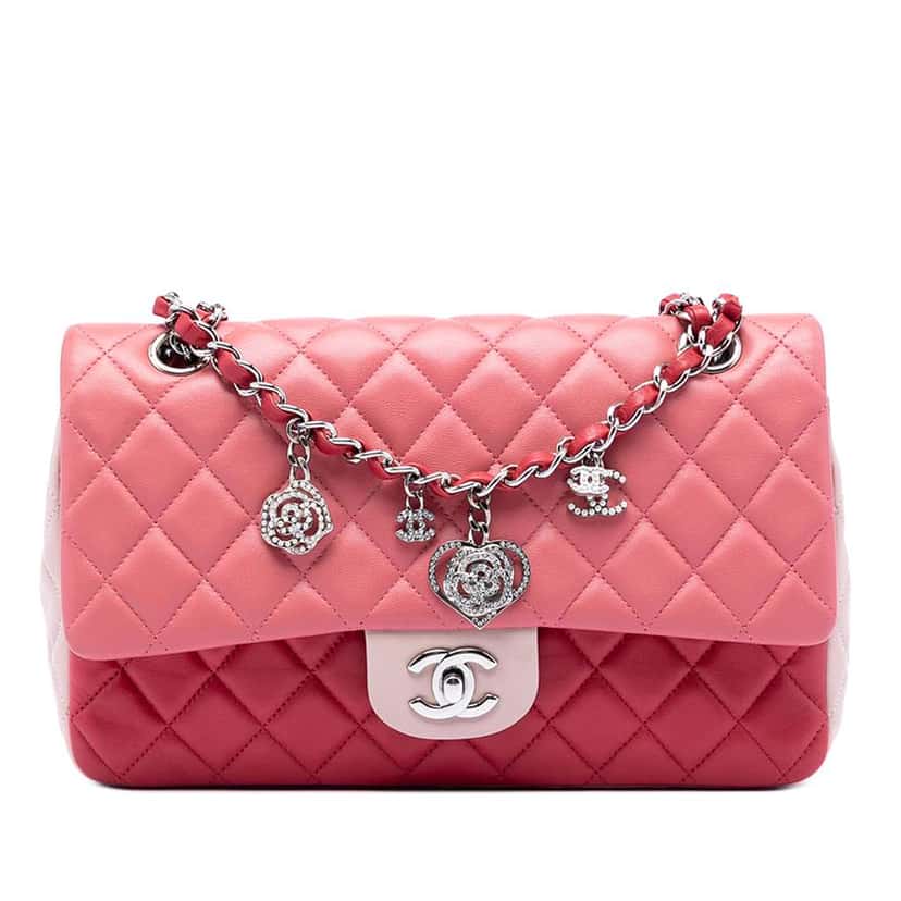 Chanel Medium Classic Tricolor Lambskin Valentines Heart Charms Single Flap Pink Leather Very good condition - Front View