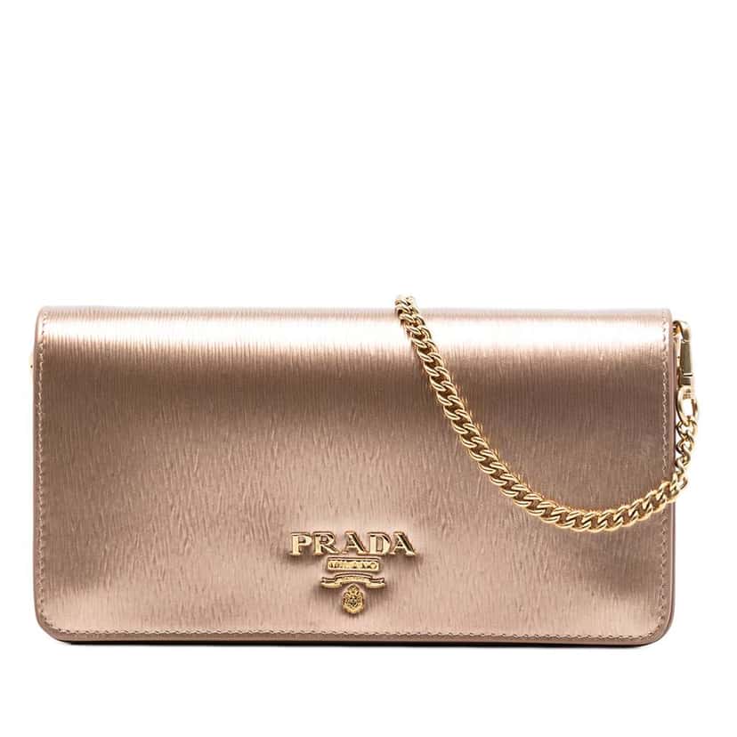 Prada Vitello Move Wallet On Chain Gold Leather Very good condition - Front View