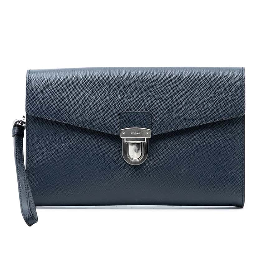 Prada Saffiano Envelope Pushlock Clutch Blue Leather Very good condition - Front View