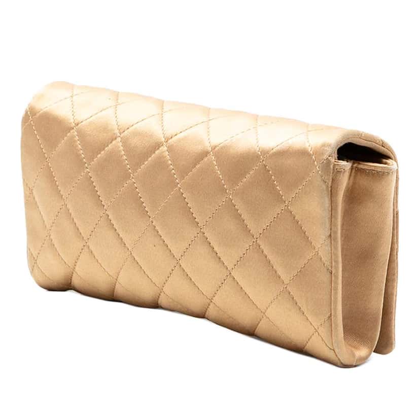 Chanel Quilted Satin Crystal Chain Clutch Gold Satin Very good condition - Back View