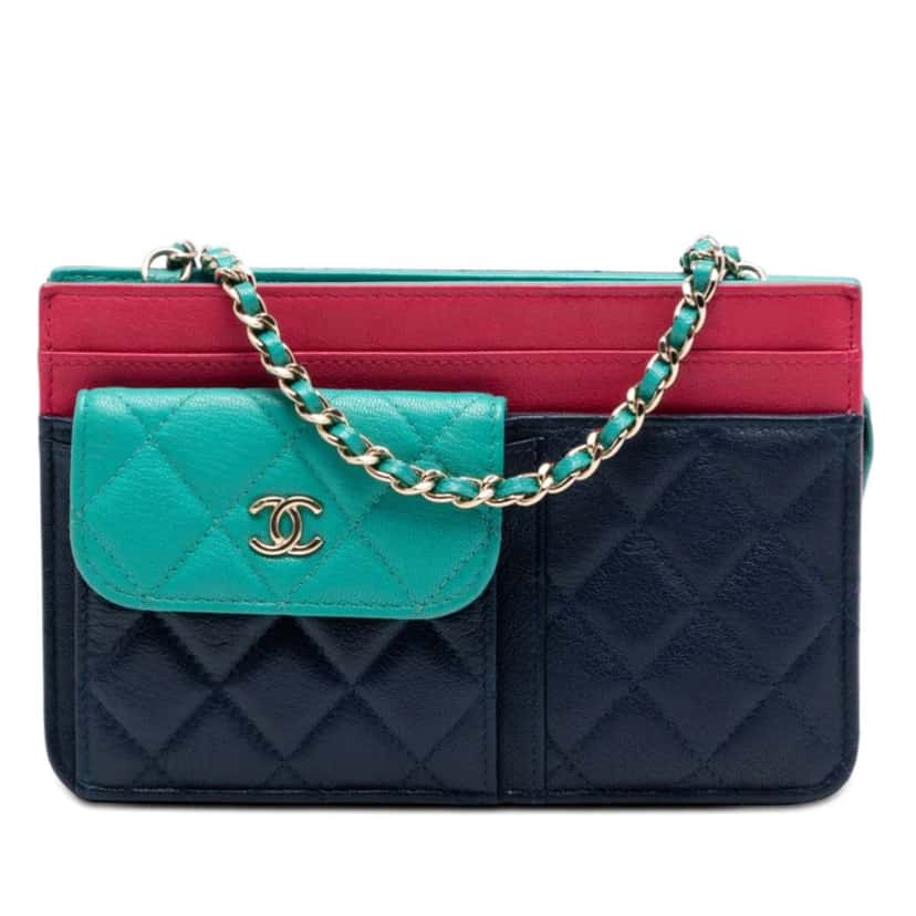 Chanel CC Tricolor Quilted Goatskin Multi Pocket Wallet On Chain Blue Leather Very good condition - Front View