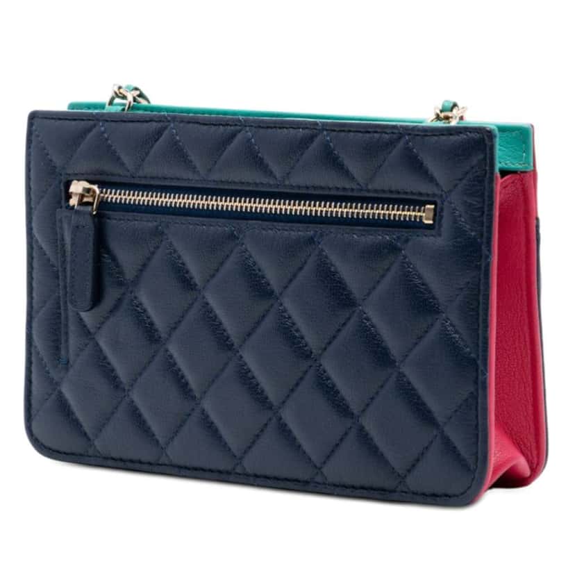 Chanel CC Tricolor Quilted Goatskin Multi Pocket Wallet On Chain Blue Leather Very good condition - Back View
