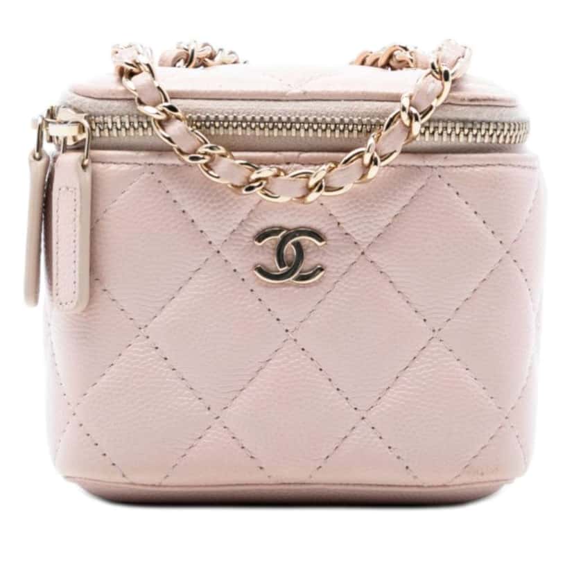 Chanel Mini CC Quilted Caviar Vanity Case with Chain Pink Leather Very good condition - Front View