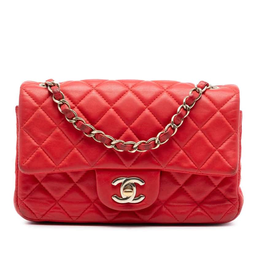 Chanel Mini Rectangular Classic Lambskin Single Flap Red Leather Very good condition - Front View