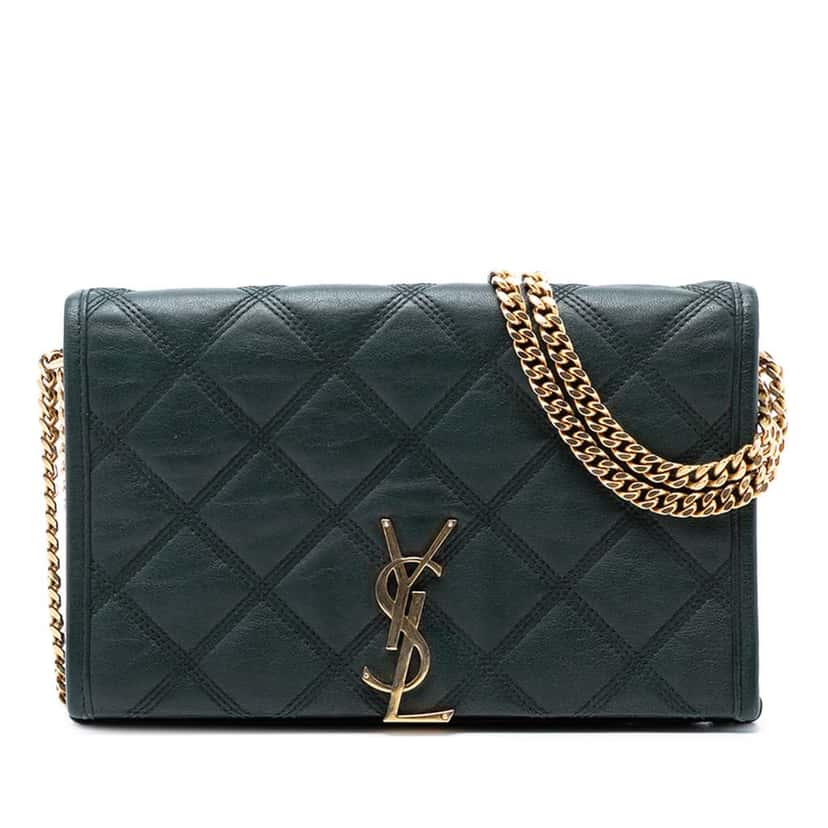 Saint Laurent Quilted Lambskin Diamond Becky Chain Wallet Green Leather Very good condition - Front View