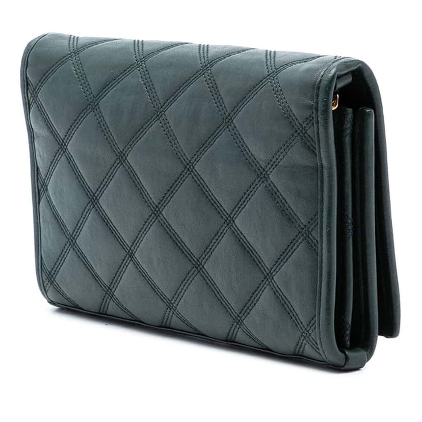 Saint Laurent Quilted Lambskin Diamond Becky Chain Wallet Green Leather Very good condition - Back View