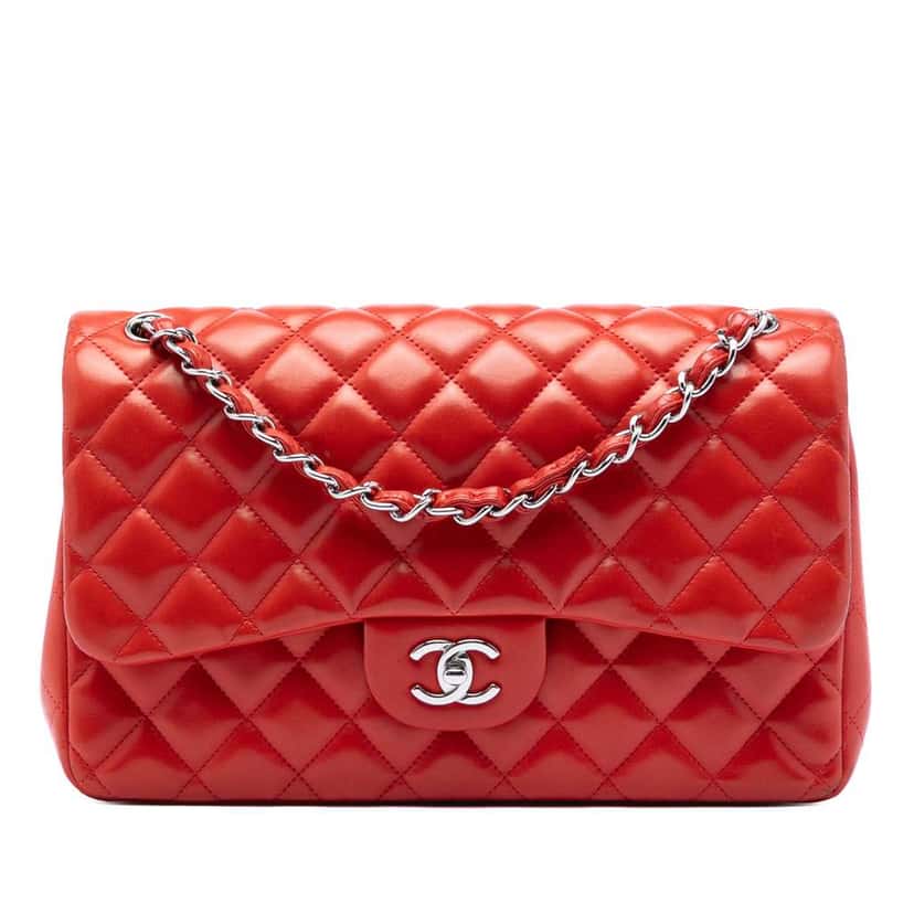 Chanel Jumbo Classic Lambskin Double Flap Red Leather Very good condition - Front View