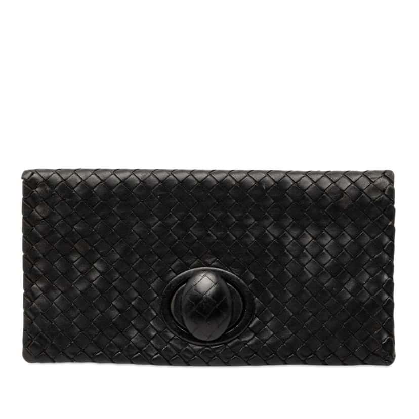 Bottega Veneta Nappa Intrecciato Turn Lock Clutch Black Leather Very good condition - Front View