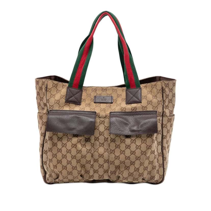 Gucci GG Canvas Web Double Pockets Tote Beige Canvas Very good condition - Front View