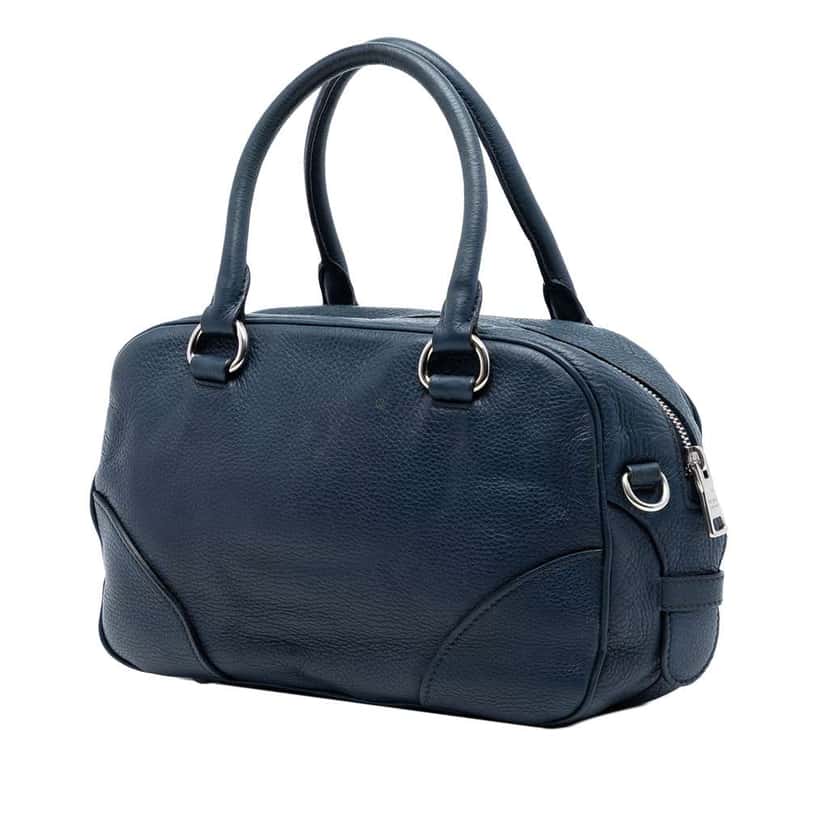 Prada Vitello Daino Front Pocket Boston Bag Blue Leather Very good condition - Back View