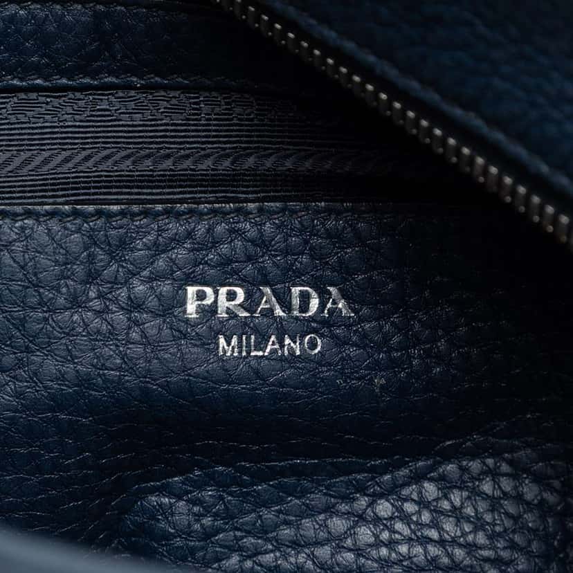 Prada Vitello Daino Front Pocket Boston Bag Blue Leather Very good condition - Box View