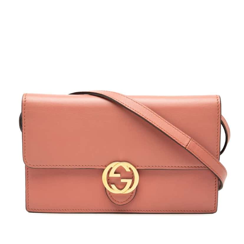 Gucci Leather Interlocking G Dollar Wallet On Strap Pink Leather Very good condition - Front View