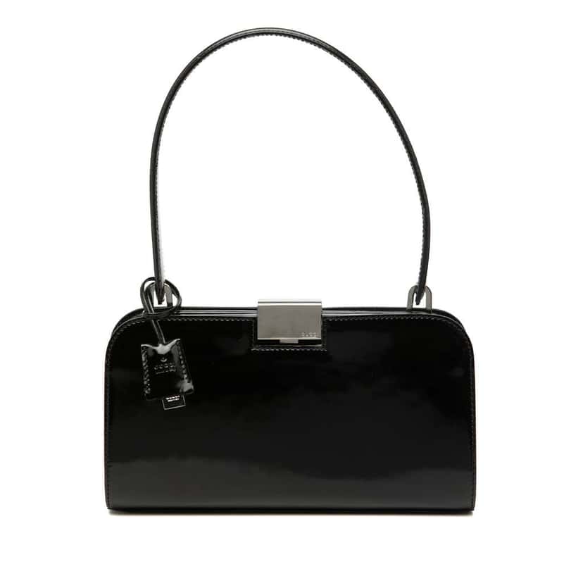 Gucci Patent Clasp Handbag Black Leather Very good condition - Front View
