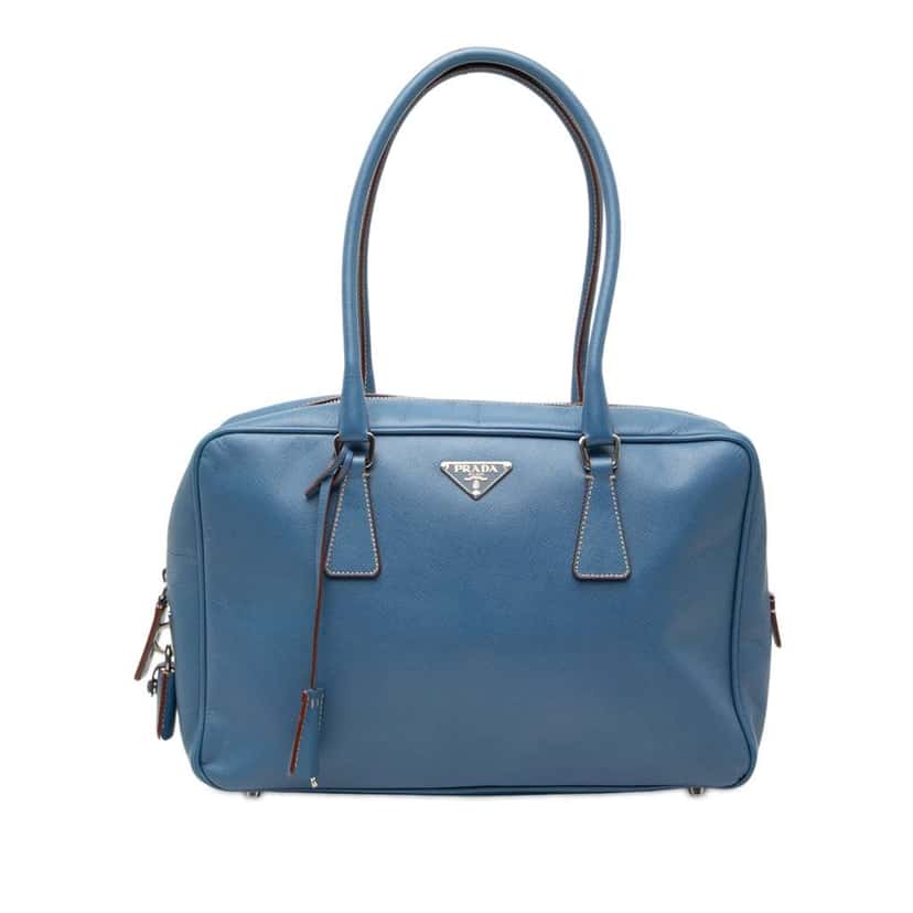 Prada Saffiano Lux Bauletto Handbag Blue Leather Very good condition - Front View