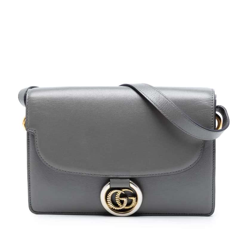 Gucci Small Textured Calfskin GG Ring Torchon Crossbody Grey Leather Very good condition - Front View