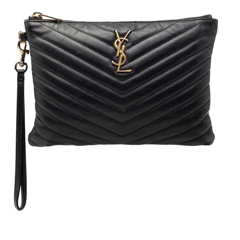 Saint Laurent Chevron Leather Monogram Zip A5 Wristlet Pouch Black Leather Very good condition - Front View