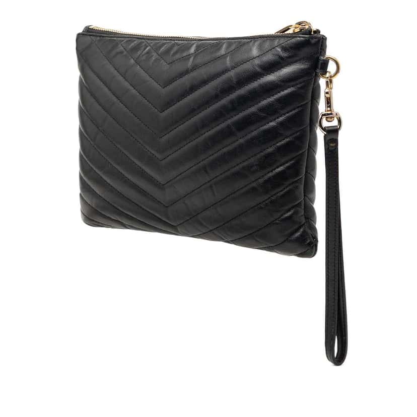 Saint Laurent Chevron Leather Monogram Zip A5 Wristlet Pouch Black Leather Very good condition - Back View