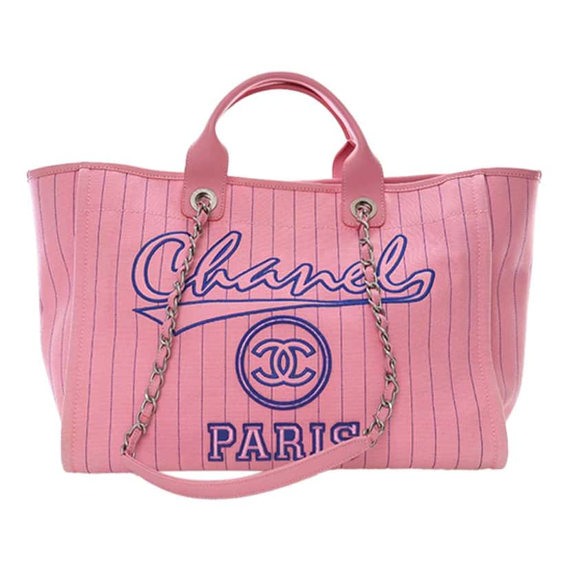 Chanel Medium Canvas Pinstriped Deauville Tote Pink Canvas Very good condition - Front View