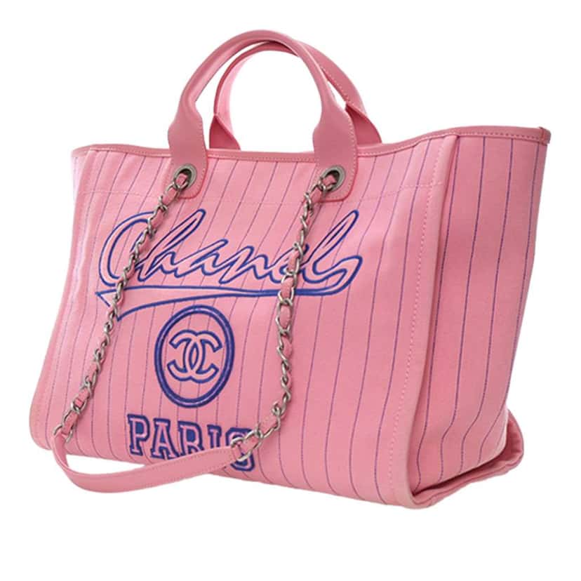 Chanel Medium Canvas Pinstriped Deauville Tote Pink Canvas Very good condition - Back View