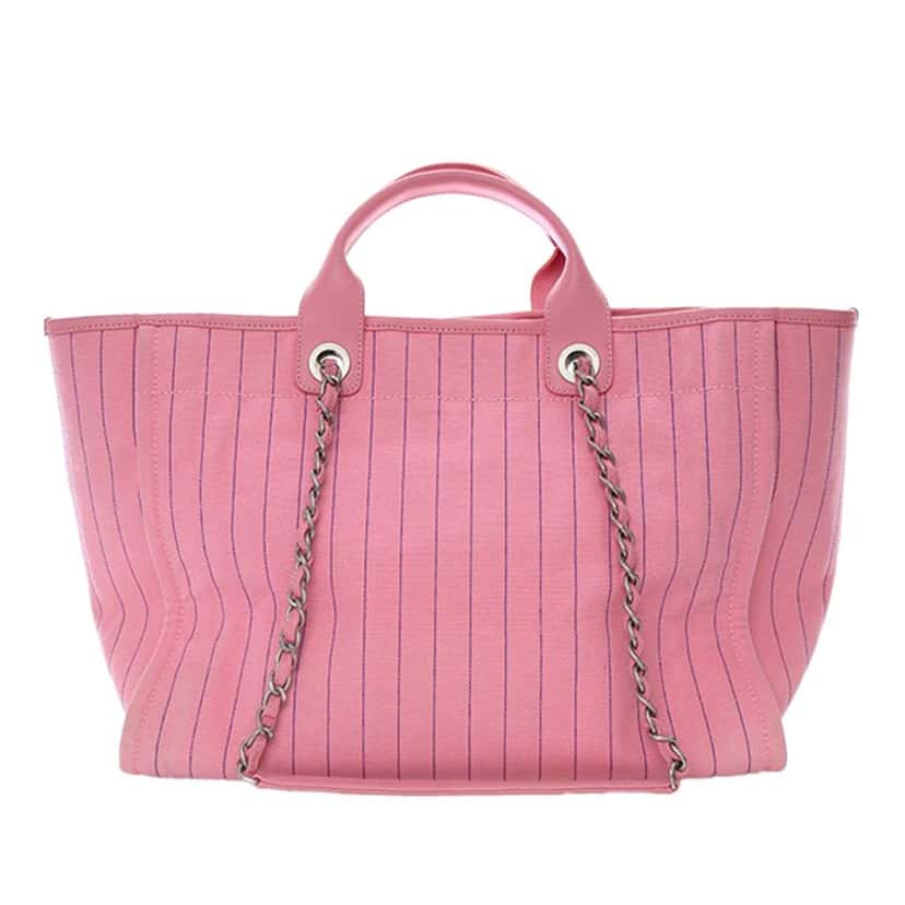 Chanel Medium Canvas Pinstriped Deauville Tote Pink Canvas Very good condition - Model View