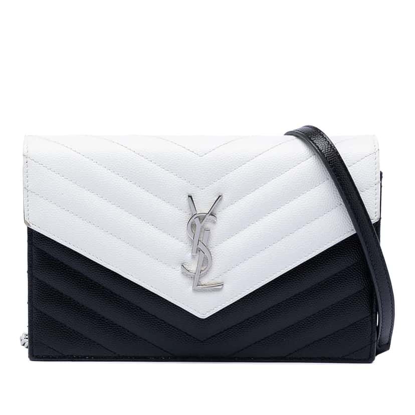 Saint Laurent Bicolor Grain De Poudre Chevron Monogram Envelope Chain Wallet Black Leather Very good condition - Front View