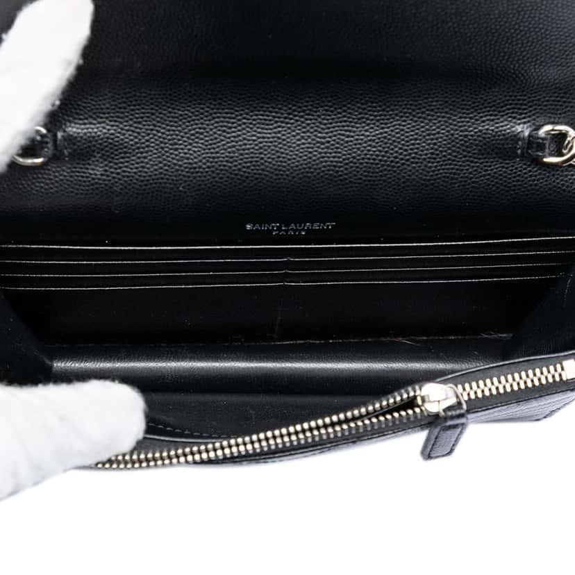 Saint Laurent Bicolor Grain De Poudre Chevron Monogram Envelope Chain Wallet Black Leather Very good condition - Model View