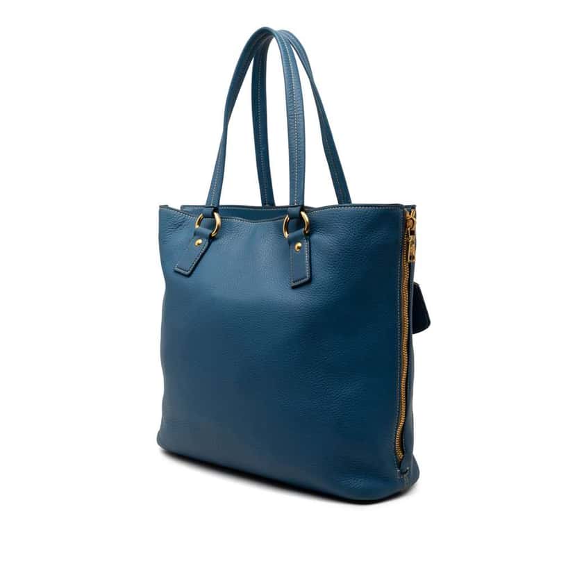 Prada Vitello Daino Side Zip Shopper Tote Blue Leather Very good condition - Back View