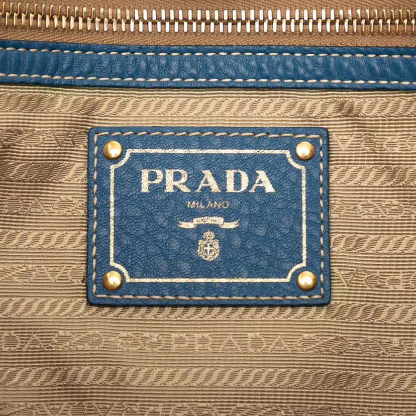 Prada Vitello Daino Side Zip Shopper Tote Blue Leather Very good condition - Box View
