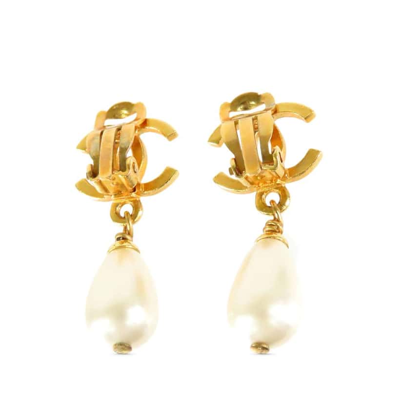 Chanel CC Gold Plated Faux Pearl Dangle Clip On Earrings Gold Metal Very good condition - Back View