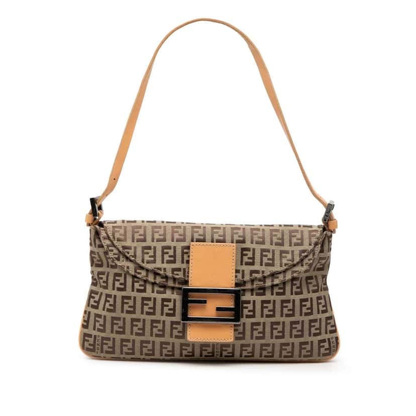 Fendi Zucchino Canvas Double Flap Shoulder Bag Brown Canvas Very good condition - Front View