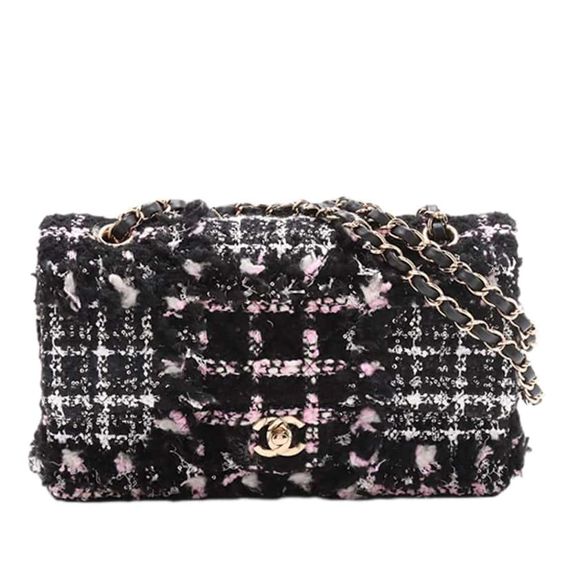 Chanel Medium Classic Tweed Sequins Double Flap Black Tweed Very good condition - Front View