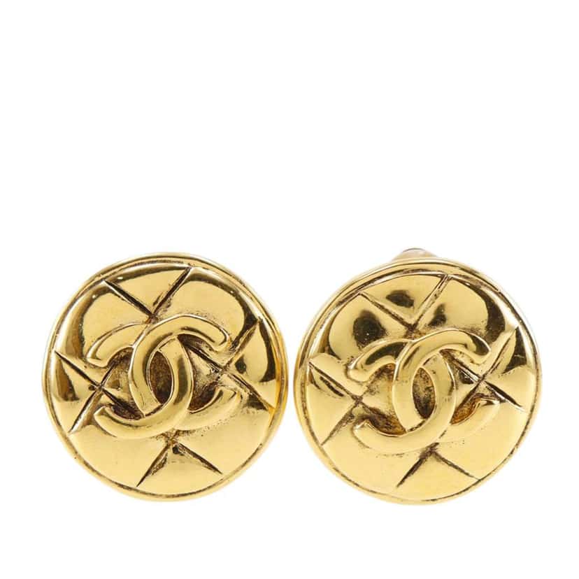 Chanel CC Gold Plated Quilted Round Clip On Earrings Gold Metal Very good condition - Front View
