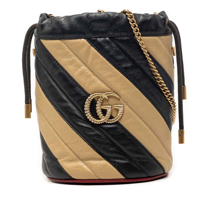 Gucci Mini GG Marmont Matelasse Diagonal Leather Torchon Bucket Bag Beige Leather Very good condition - Front View