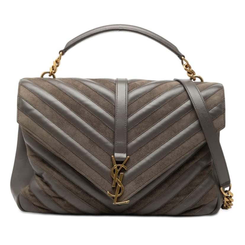 Saint Laurent Large Calfskin and Suede Chevron Monogram College Satchel Grey Leather Very good condition - Front View