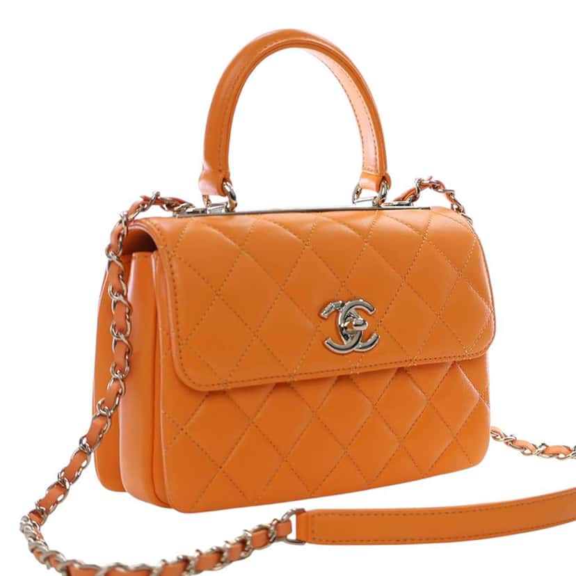 Chanel Mini Quilted Lambskin Trendy CC Top Handle Flap Orange Leather Very good condition - Back View