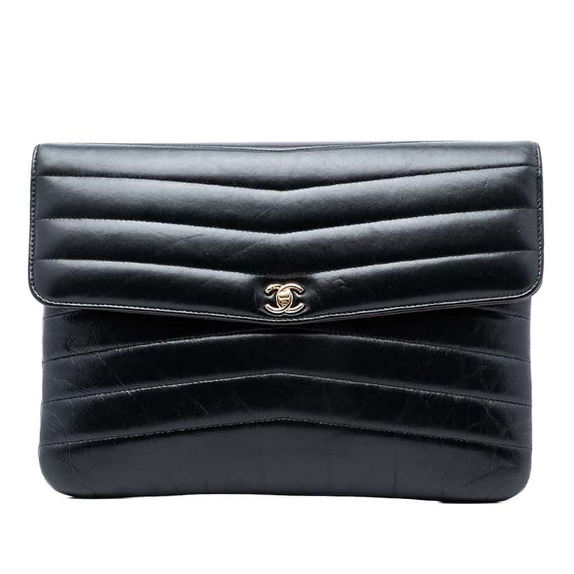 Chanel Chevron Shiny Lambskin Miroir Clutch Black Leather Very good condition - Front View