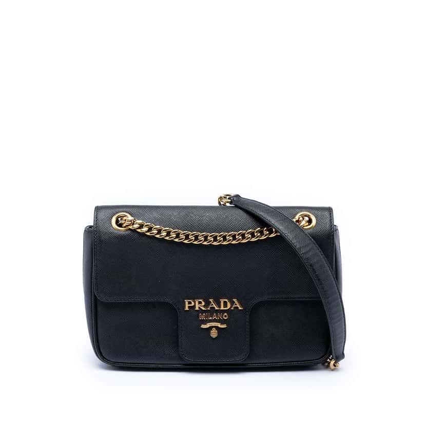 Prada Saffiano Pattina Chain Crossbody Black Leather Very good condition - Front View