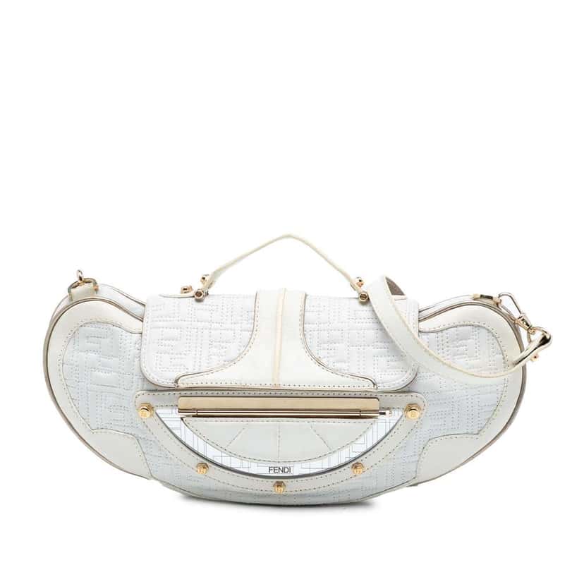 Fendi Zucca Stitched Leather Mirrored Vanity Bag White Leather Very good condition - Front View